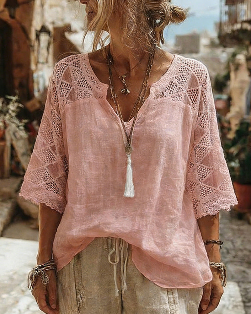 Anna | Blusa con Escote en V y Detalles de Encaje