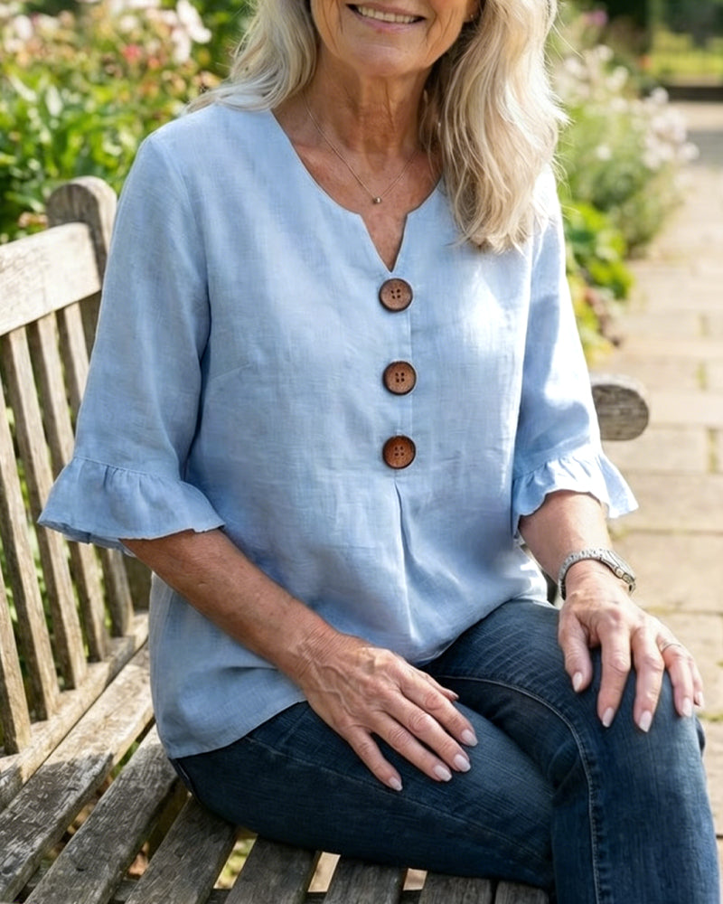 Ginerva | Blusa Lisa de Algodón-Lino con Botones de Madera y Volantes