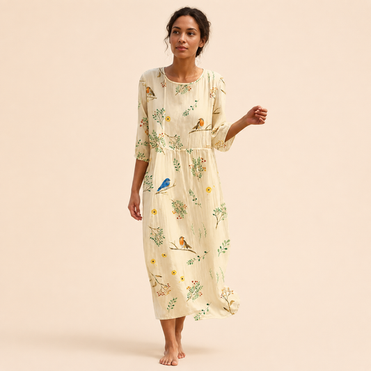 Robe ivoire Colombe aux oiseaux et fleurettes sur fond beige