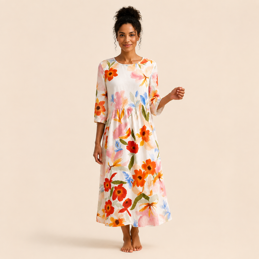 Robe blanche Garance aux fleurs corail sur fond beige