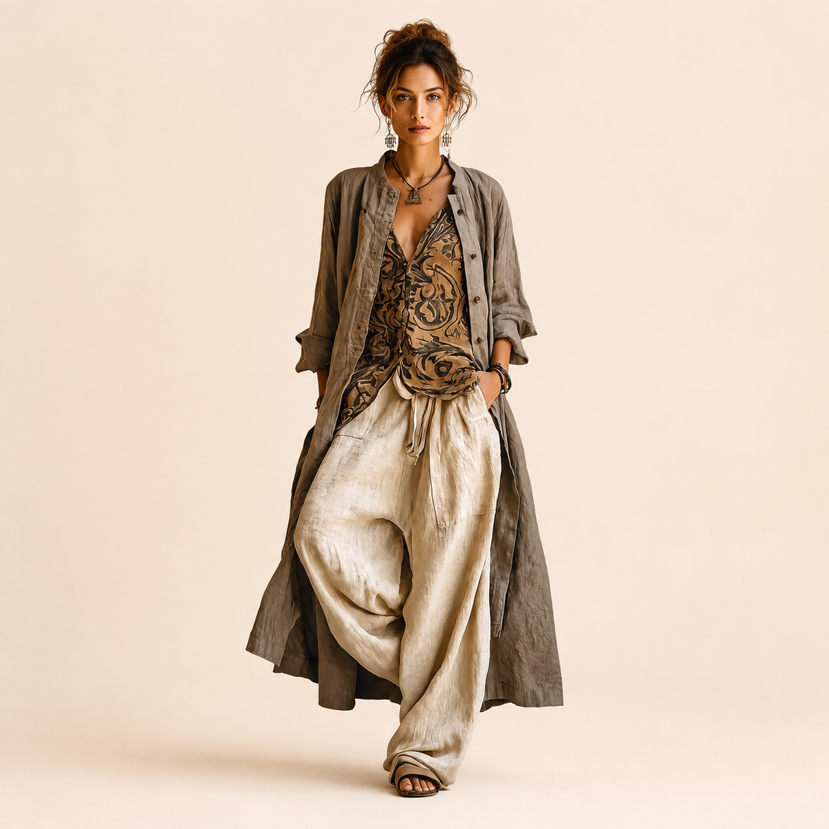 Ensemble bohème Giulia fluide superposé sur fond beige