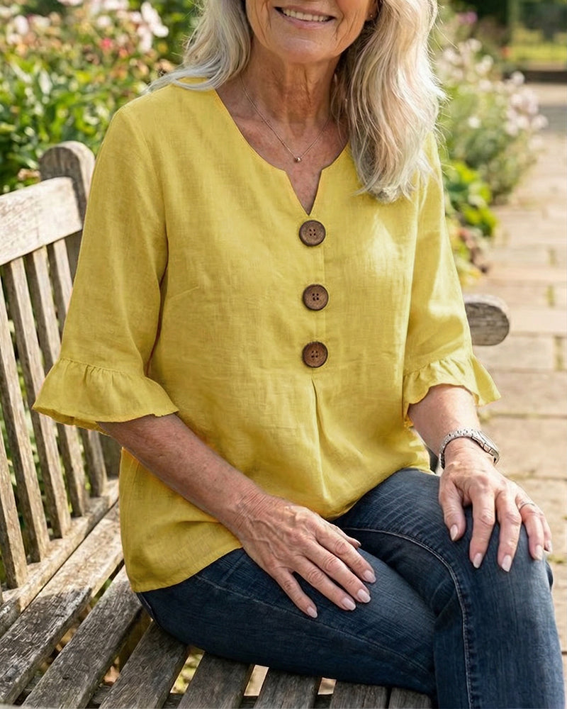 Ginerva | Blusa Lisa de Algodón-Lino con Botones de Madera y Volantes