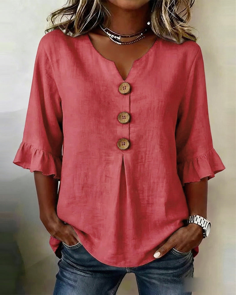 Ginerva | Blusa Lisa de Algodón-Lino con Botones de Madera y Volantes