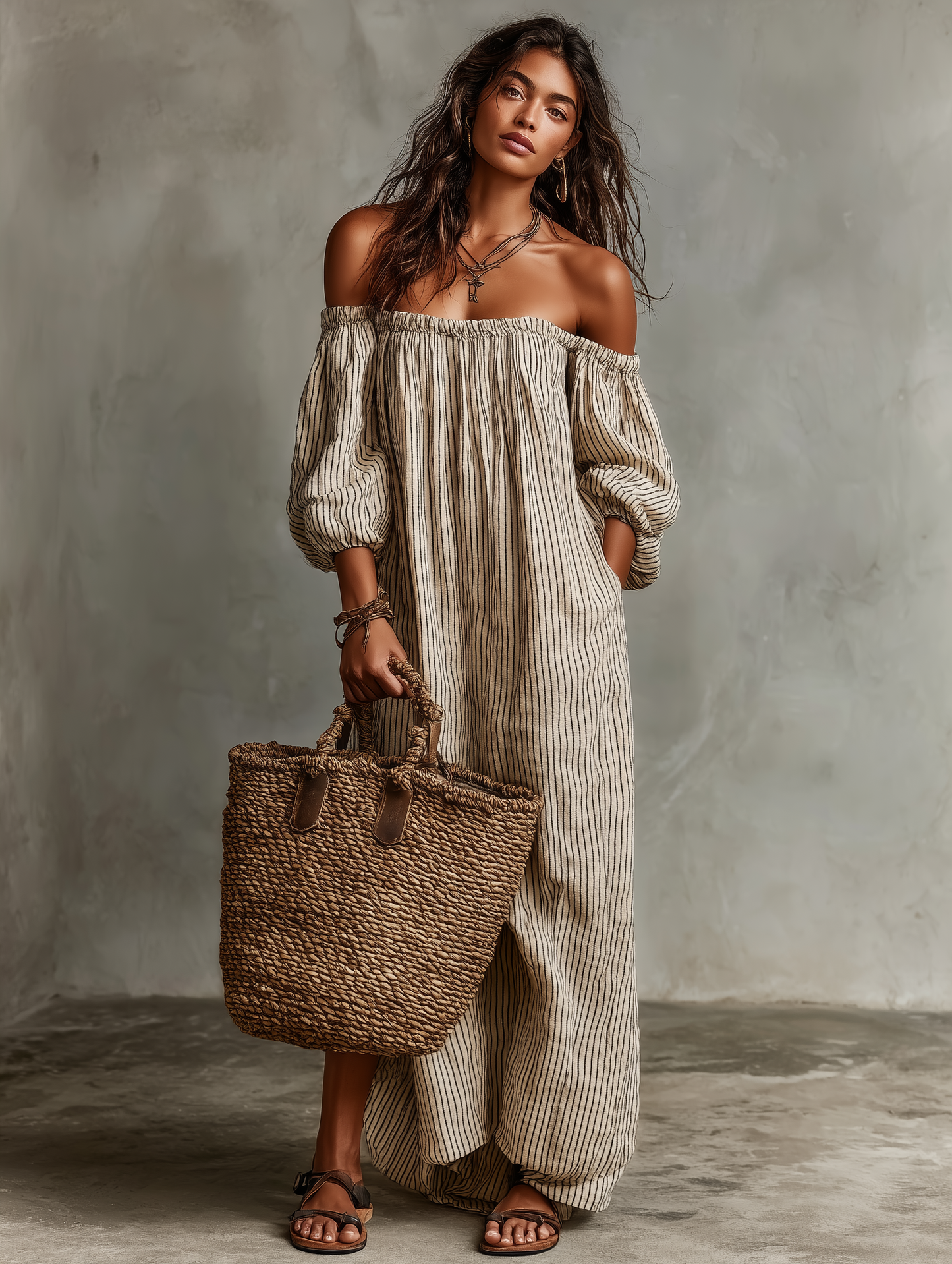 Carmen | Vestido Largo de Algodón y Lino con Diseño Off-Shoulder