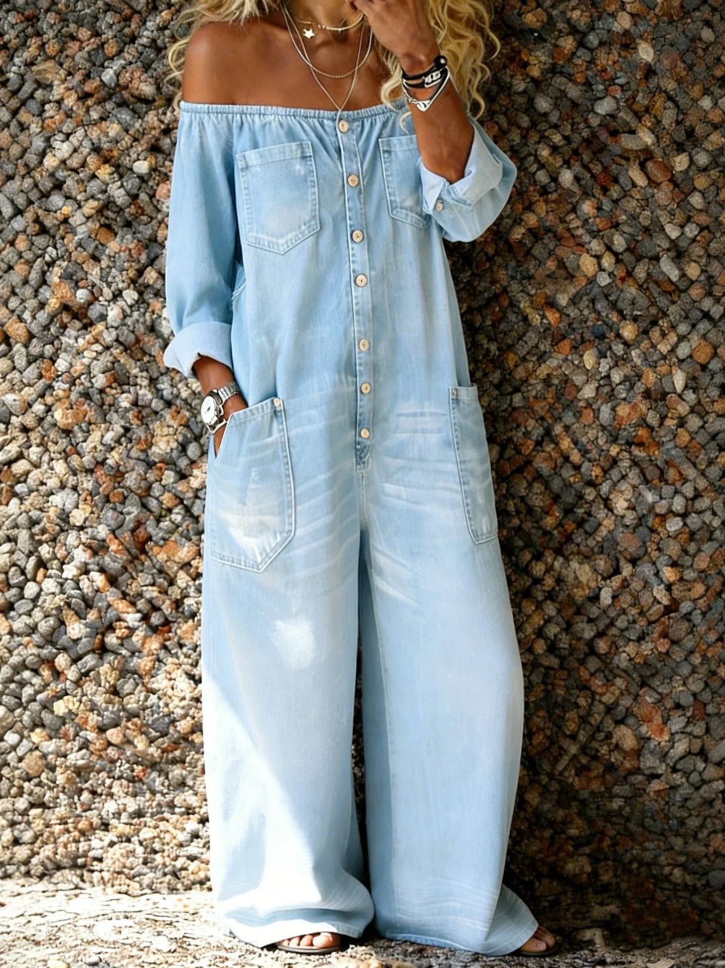 Noa | Combinaison en denim à encolure Bardot