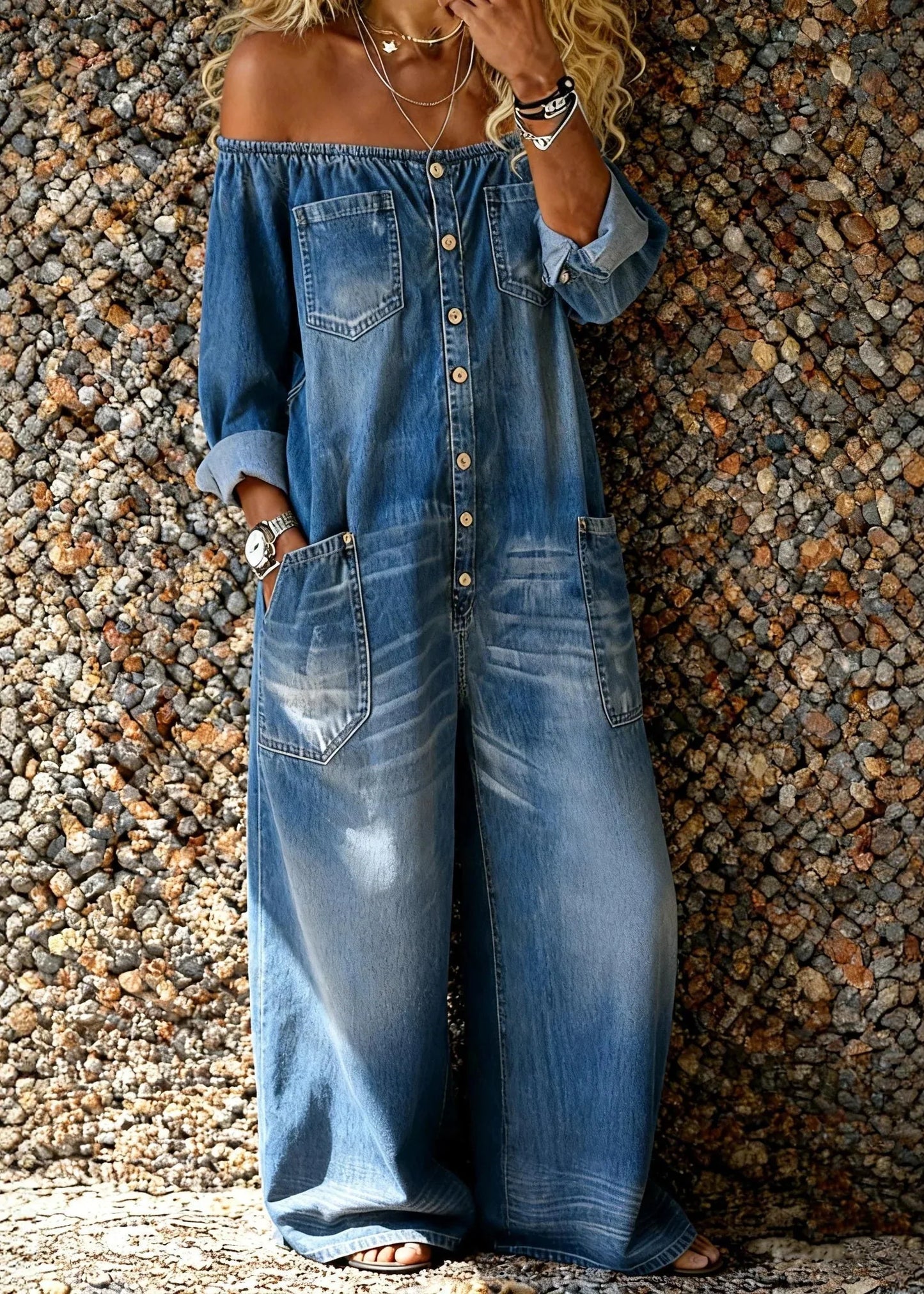 Noa | Combinaison en denim à encolure Bardot