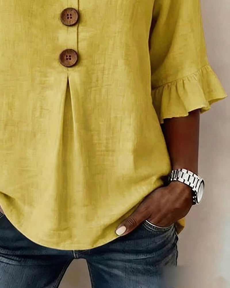 Ginerva | Blusa Lisa de Algodón-Lino con Botones de Madera y Volantes