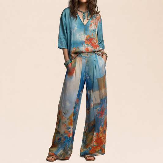 CLARA | Ensemble élégant à imprimé floral avec pantalon large — portada beige