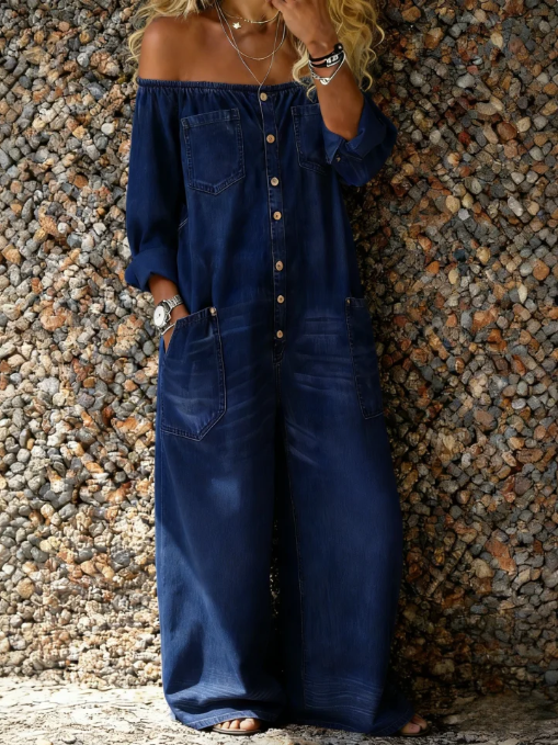 Noa | Combinaison en denim à encolure Bardot