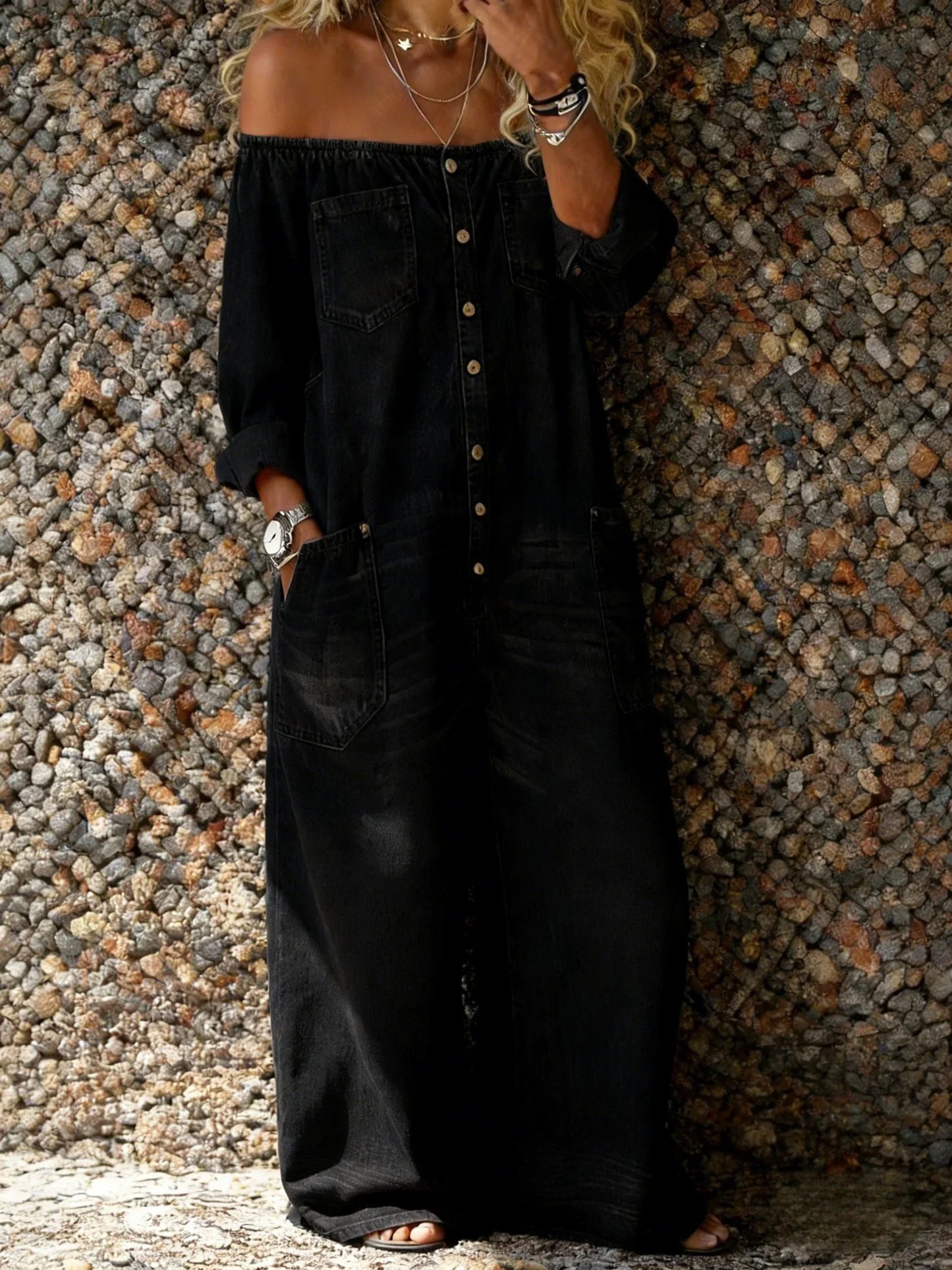 Noa | Combinaison en denim à encolure Bardot