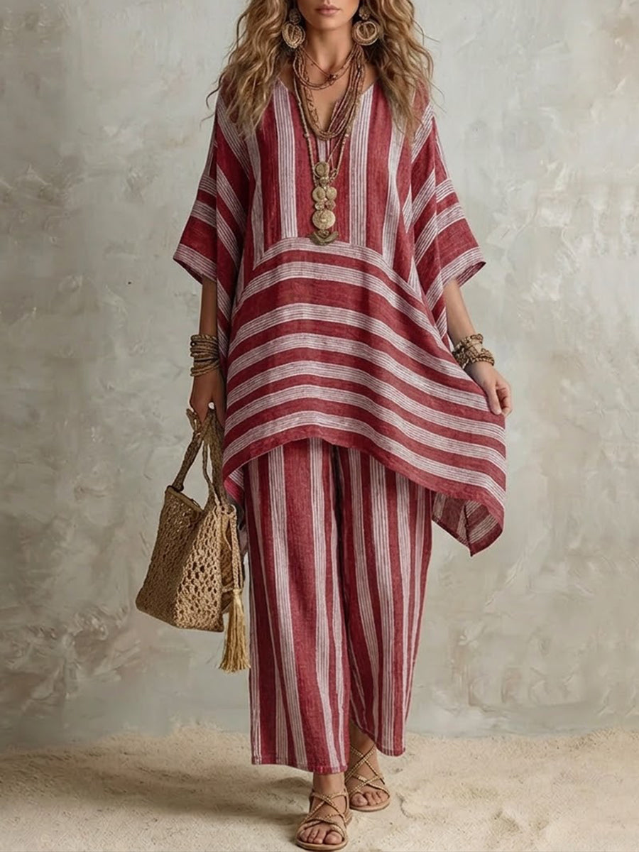 Raquel · Ensemble bohème pour femme en lin rayé à coupe ample