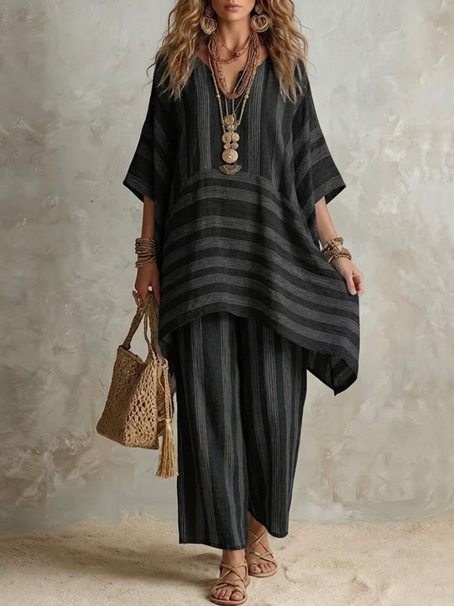 Raquel · Ensemble bohème pour femme en lin rayé à coupe ample