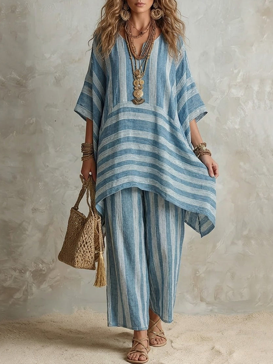 Raquel · Ensemble bohème pour femme en lin rayé à coupe ample