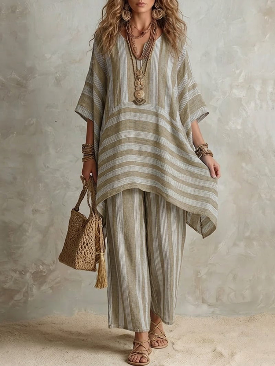 Raquel · Ensemble bohème pour femme en lin rayé à coupe ample