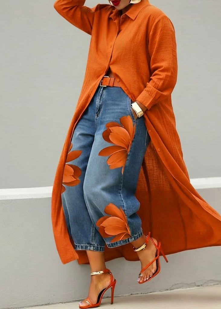 Rosa · Ensemble robe-chemise rouge et jean large floral