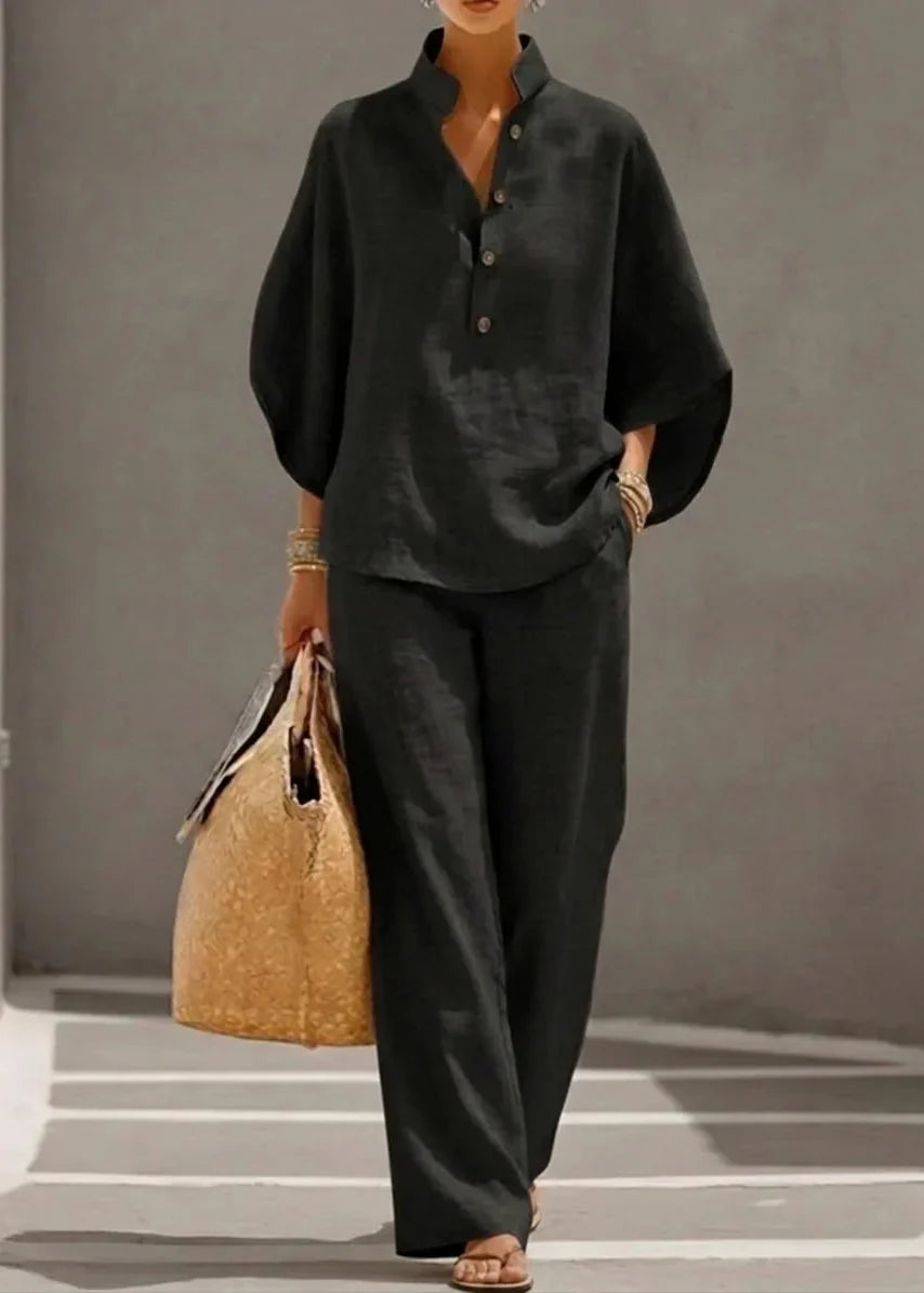Maribel | Ensemble en lin à manches chauve-souris et pantalon large