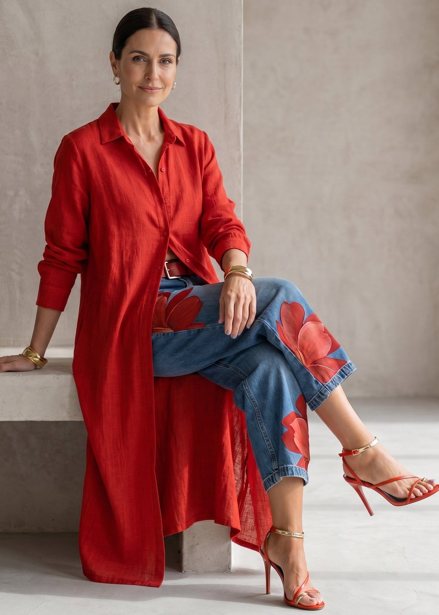 Rosa · Ensemble robe-chemise rouge et jean large floral
