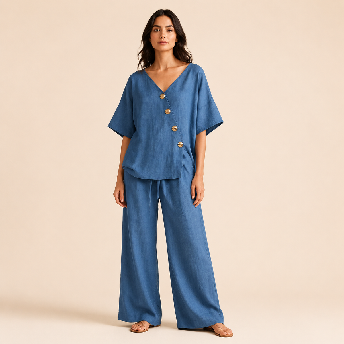 Greta Ensemble Col V à Boutons bleu – vue intégrale sur fond beige