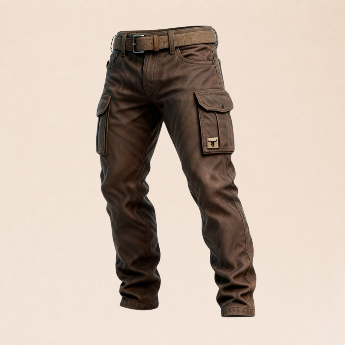 Pantalon cargo utilitaire marron sur fond beige