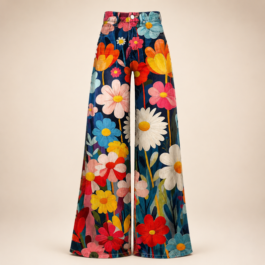Pantalon palazzo à grandes fleurs sur fond beige