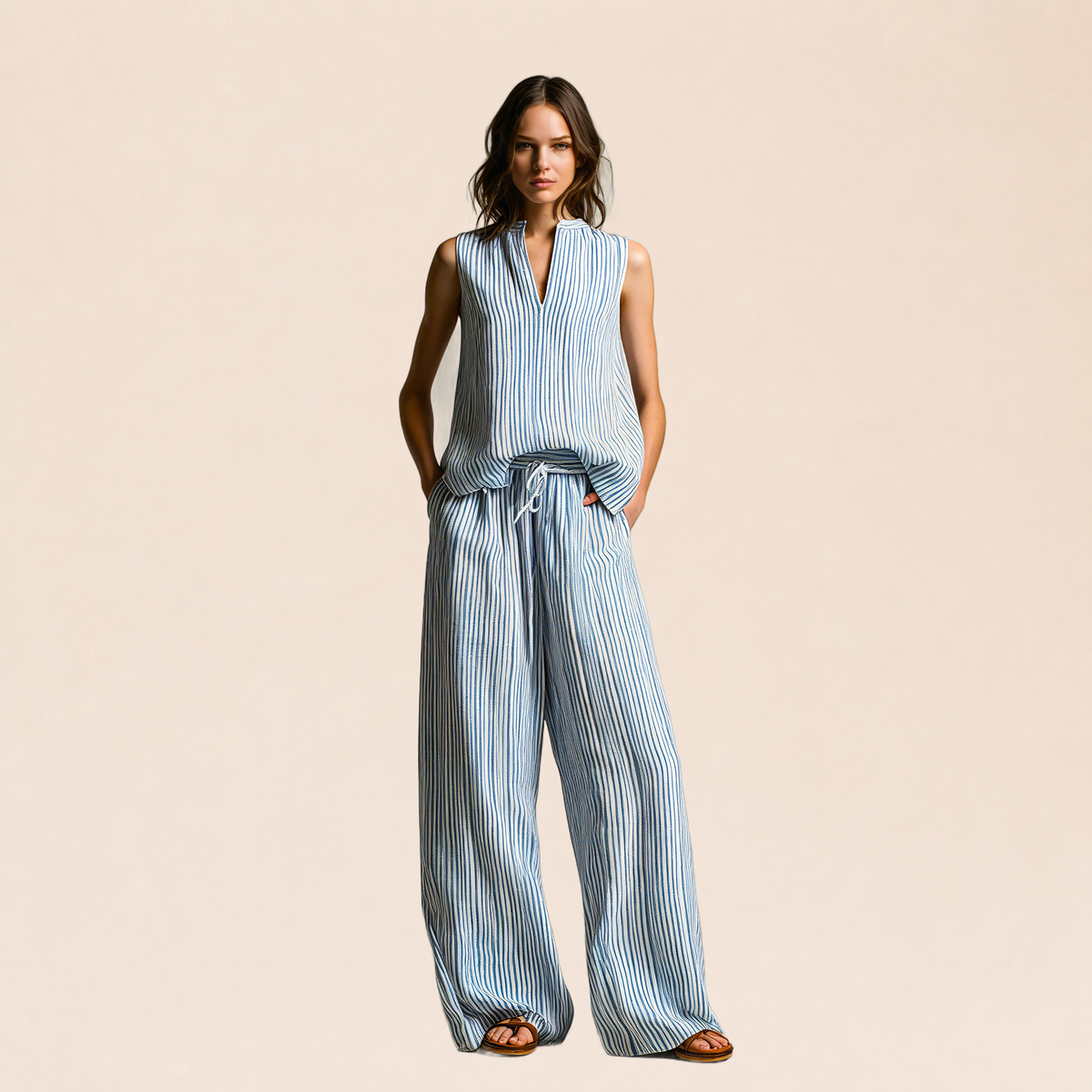 Ensemble palazzo rayé bleu sur fond beige