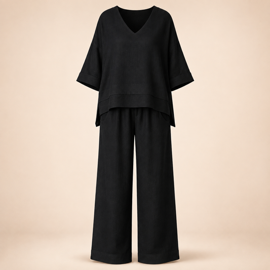 Ensemble noir respirant sur fond beige