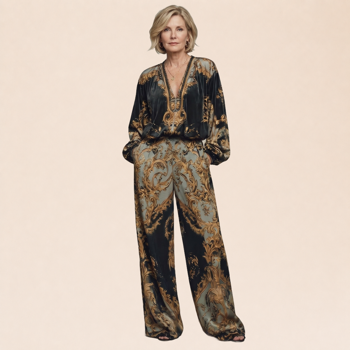 Ensemble baroque noir et doré sur fond beige