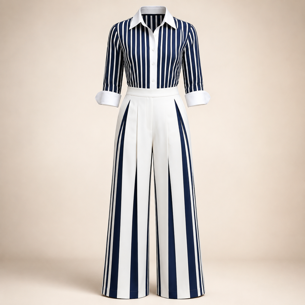 Ensemble femme rayé bleu marine et blanc sur fond beige