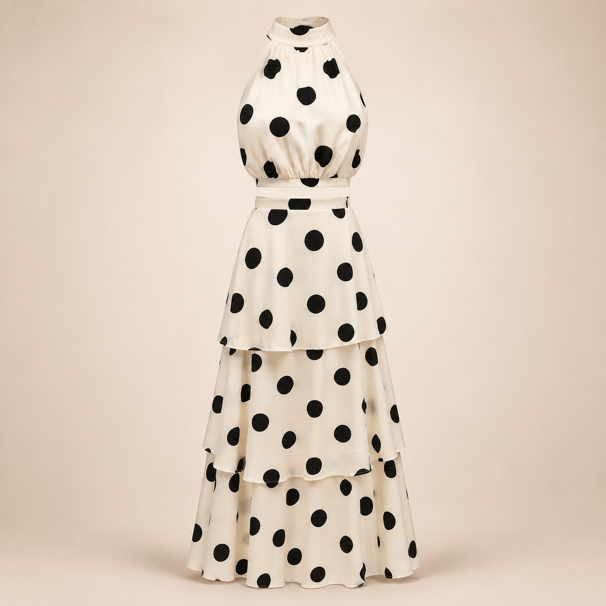 Ensemble ivoire à pois noirs sur fond beige