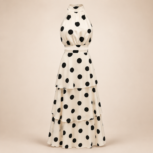 Ensemble ivoire à pois noirs sur fond beige