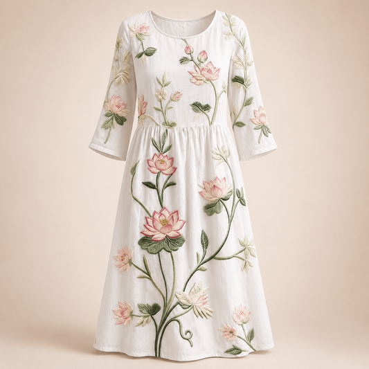 Robe blanche aux fleurs de lotus sur fond beige