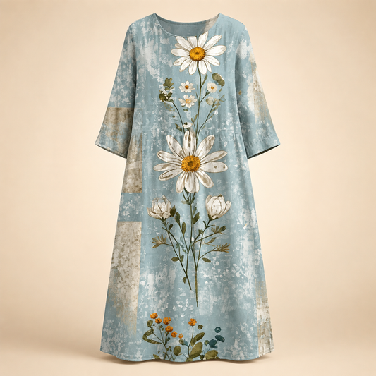 Robe bleu sauge aux grandes marguerites sur fond beige