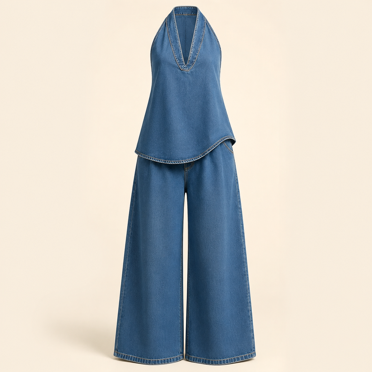 Ensemble fluide bleu à col V sur fond beige