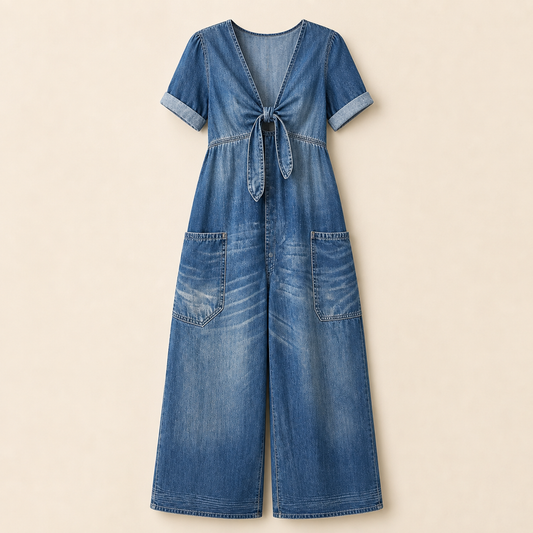 Combinaison en jean bleu sur fond beige