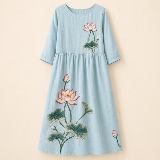 Robe bleu pâle aux fleurs de lotus sur fond beige