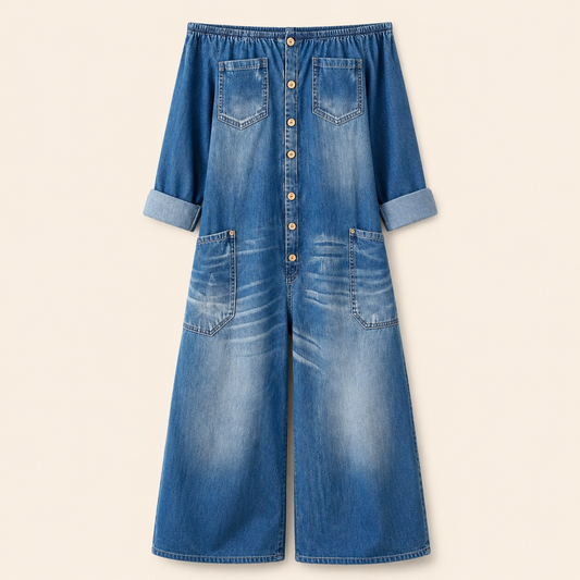 Combinaison en denim Bardot sur fond beige