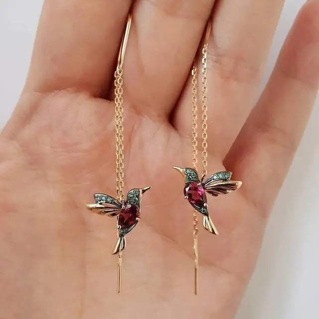 Boucles d'Oreilles Fil Colibri Doré avec Cristaux