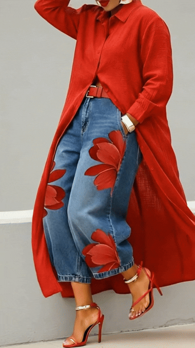 Rosa · Ensemble robe-chemise rouge et jean large floral