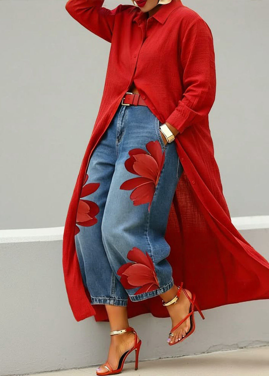 Rosa · Ensemble robe-chemise rouge et jean large floral