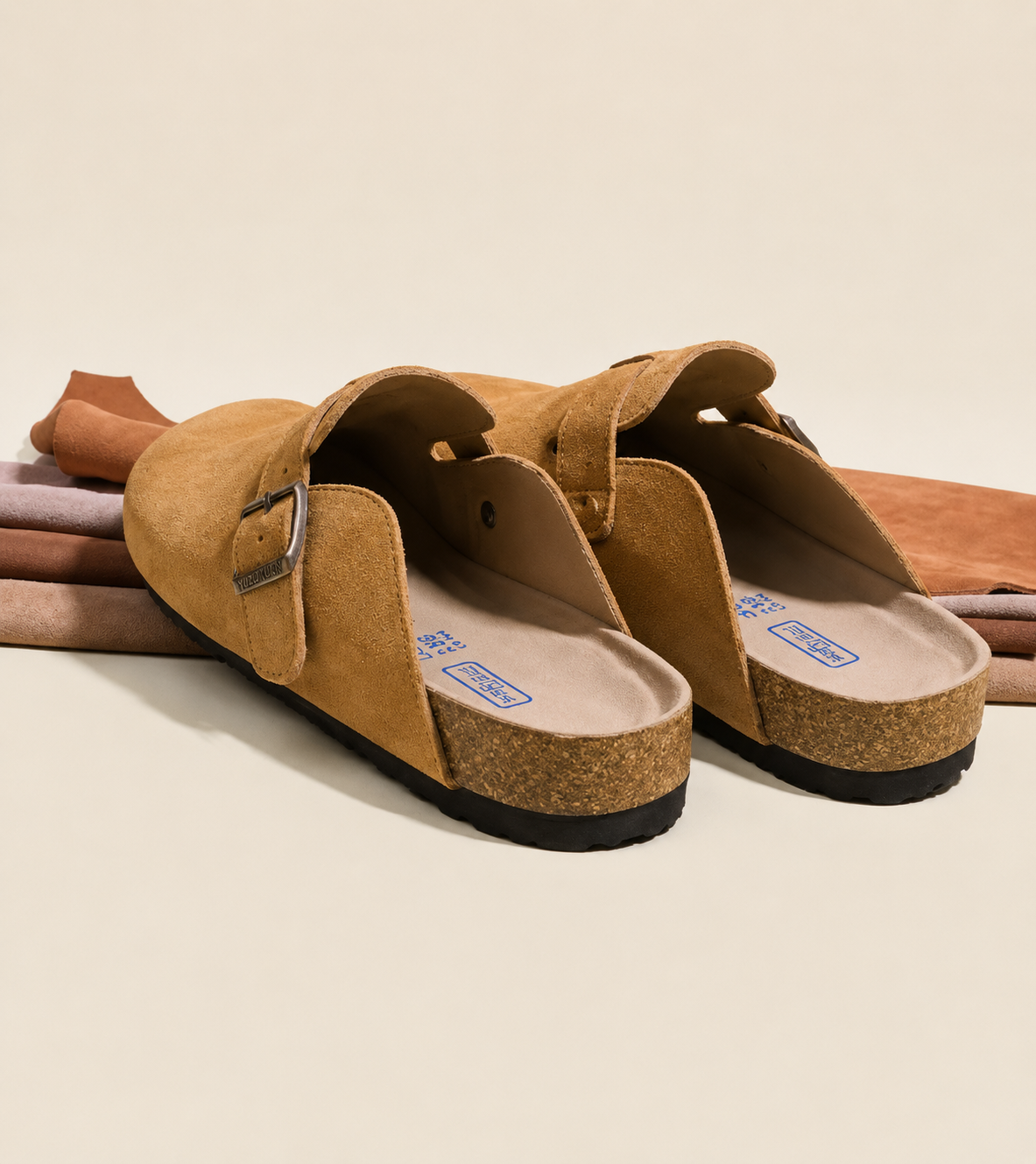 Sabots en cuir suédé camel – vue arrière et semelle intérieure