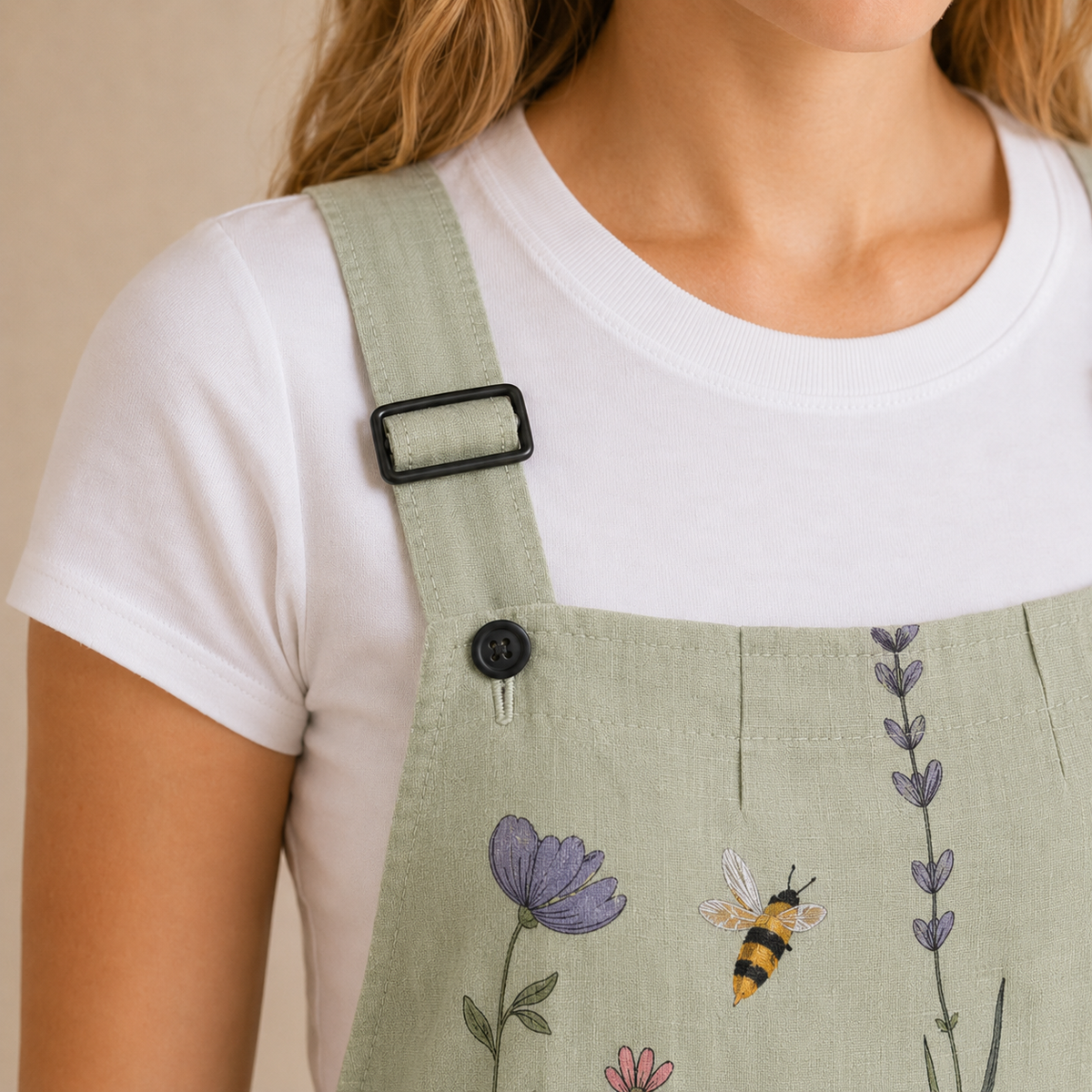 Salopette Prairie Sauvage Sauge - détail bouton et boucle