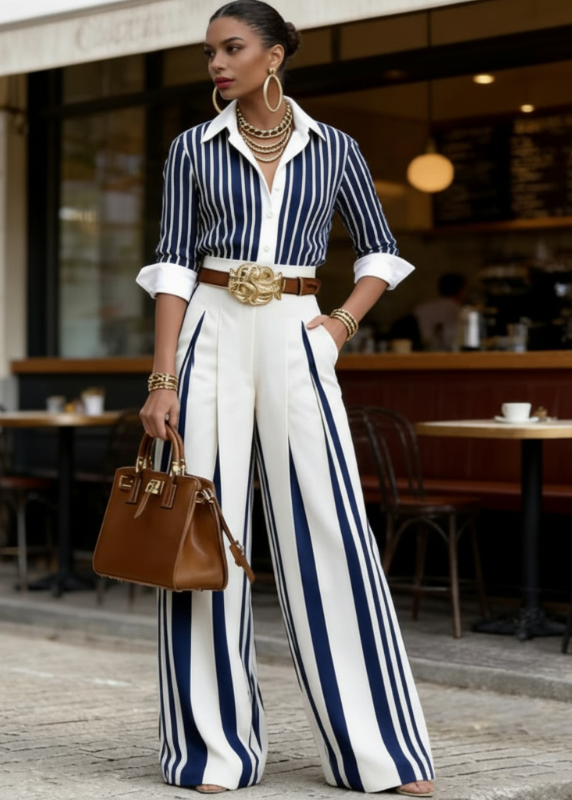 Lucia | Ensemble femme rayé avec chemise et pantalon large
