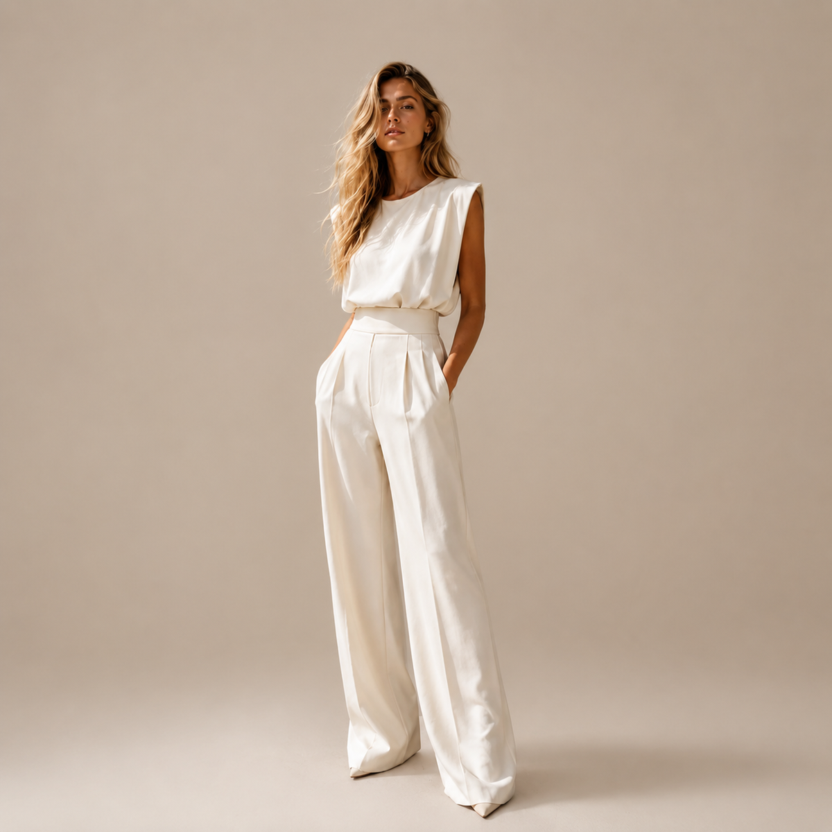 Aurélie | Combinaison Élégante Ceinturée sur fond beige