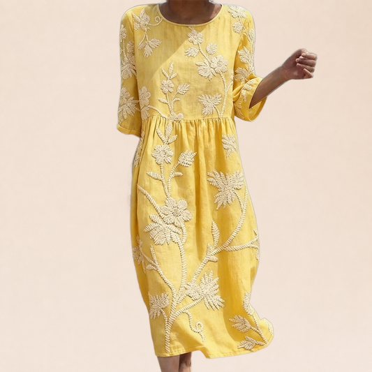 Capucine | Robe Jaune Soleil aux Fleurs Ivoire — portada