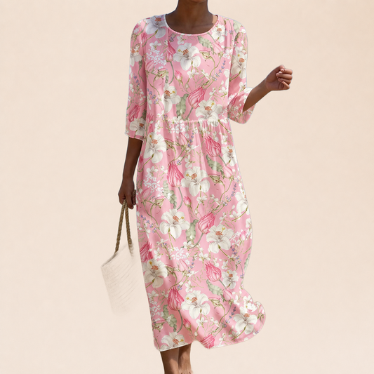 Azélie | Robe Rose aux Fleurs de Magnolia sur fond crème Verlanden