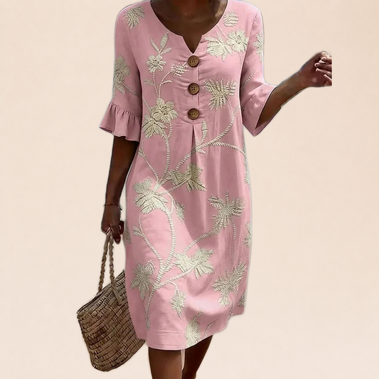 Anaëlle | Robe Rose Poudré aux Motifs Botaniques sur fond crème Verlanden