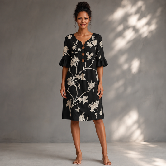 Noémie | Robe Noire aux Motifs Botaniques