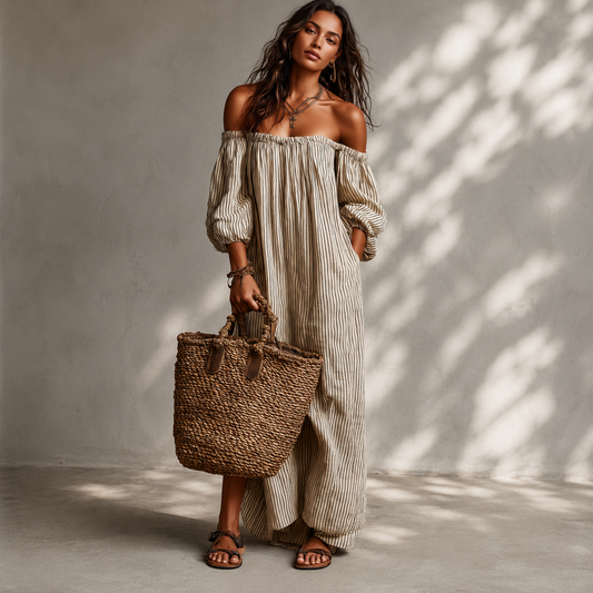 Carmen | Robe Longue en Coton et Lin Épaules Dénudées sur fond gris Verlanden