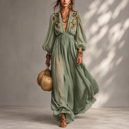 Élodine | Robe maxi bohème verte sur fond gris clair