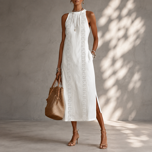 Jimena | Robe midi blanche à col mao sur fond gris clair